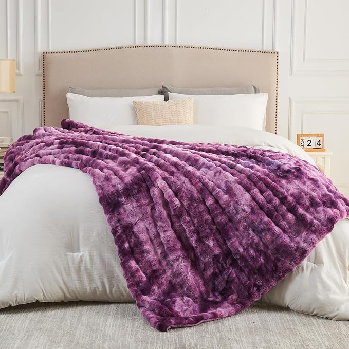 NEWCOSPLAY Faux Fur Throw Blanket Tie-dye Violet Purple Luxury Fluffy Thick Warm Bubble Blanket for Couch Sofa Bed 700GSM (Tie-dye Violet Purple, Throw(50"x60"))-Ruum Studio Home
