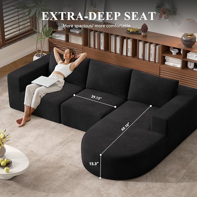 Modular Sectional Sofa with L-Shape Chaise,Cloud Sectional Modern Sleeper Couch with Deep Seat,Sponge Compression Sofas No Assembly Required(Black-Corduroy Fabric) 1PCS-Ruum Studio Home