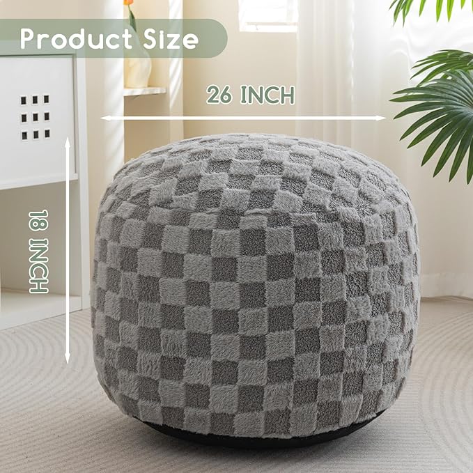 HIGOGOGO Round Stuffed Pouf Ottoman, Plaid Poufs with Foam Chunk Filling, Fluffy and Furry Pouf Foot Stool Storage Ottoman, 26 X 18 Floor Poufs Foot Rest for Living Room, Grey-Ruum Studio Home