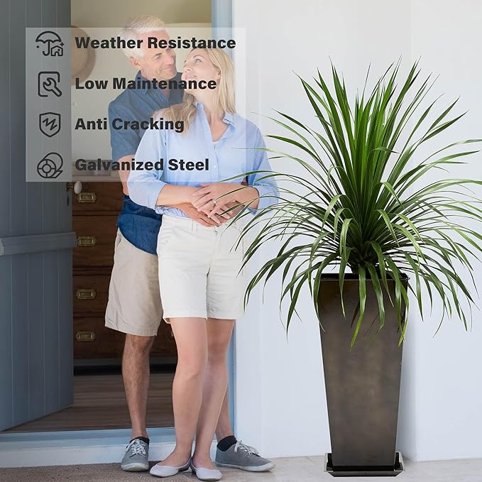 KOL 25''H. Bright Glazed Planter with Drainage Hole, Set of 2, Tall Galvanized Steel Planter Pots with Saucer for Indoor & Outdoor Use, Decorative Flower Plant Pots for Porch, Patio, Deck - Black-Ruum Studio Home