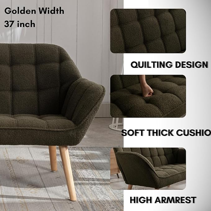48”Small Loveseat Sofa, Modern Sherpa Upholstered Mini Couch 2-Seater Fluffy Love Seat with Quilting Backs and Wood Legs for Small Space, Living Room, Bedroom, Green-Ruum Studio Home