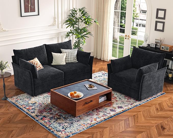 Oversized Loveseat Sofa, Modern Modular Sectional Couch Black Fluffy Chenille Mid Century 2-Seat 24.5" Deep Seat for Apartment, Living Room, Bedroom-Ruum Studio Home
