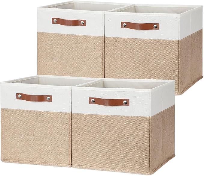 HNZIGE Fabric Storage Cubes, Cube Storage Bins 12 x 12, Set of 4, Decorative Storage Baskets for Shelves with Handles,Foldable Bins for Cube Shelf Organizer Home Toy Nursery Closet(Beige White)-Ruum Studio Home