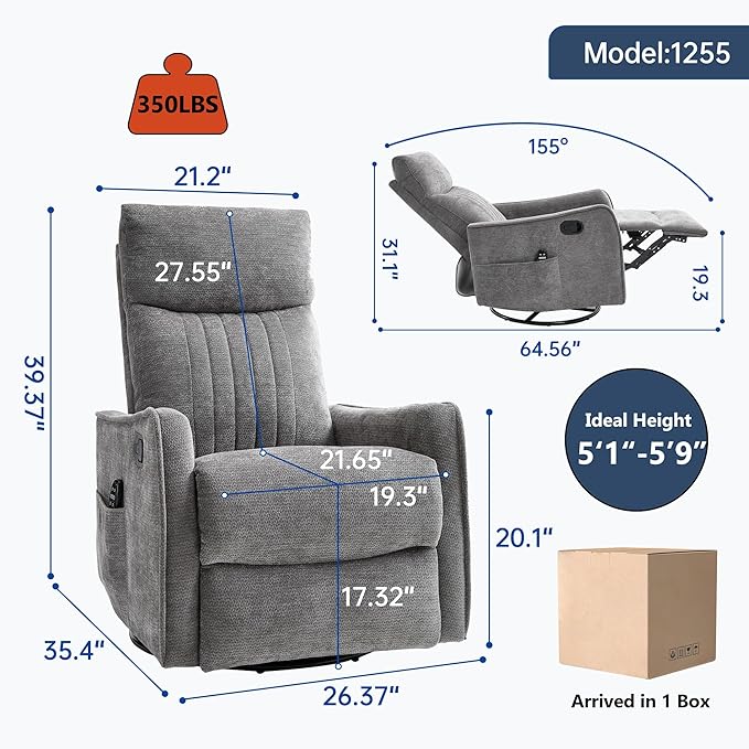Manual Swivel Rocker Recliner Chair for Adults, Overstuffed Reclining Glider Chair for Nursing with Vibration Massage & Heat, Living Room Rocking Recliner 2-Stage backrest, Chenille Fabric Dark Gray-Ruum Studio Home