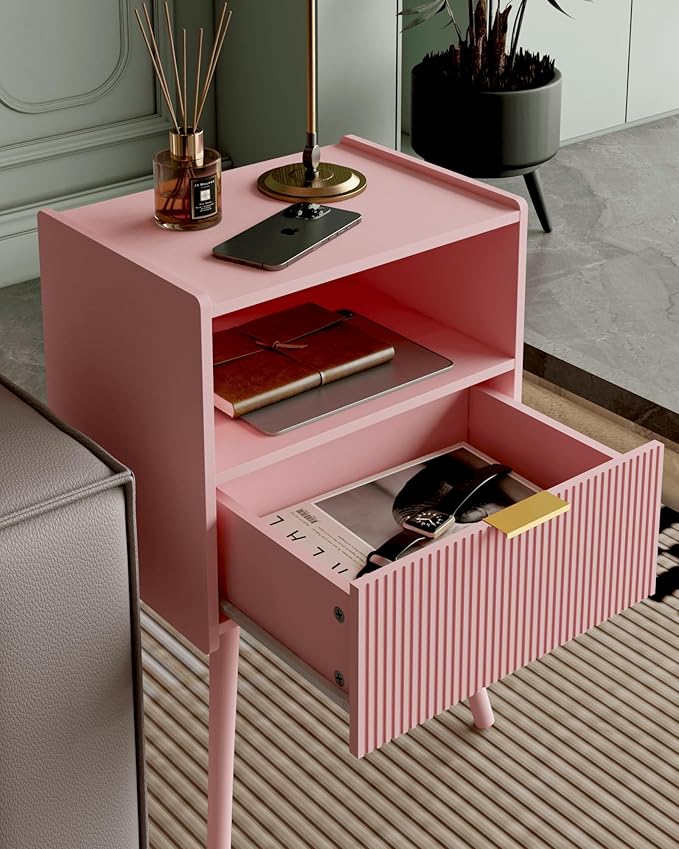 Nightstand,Modern Bedside Table with Storage Drawer and Open Wood Shelf, Accent Night Stand with Solid Wood Legs for Living Room, Bedroom and Small Spaces,Easy Assembly (Pink)-Ruum Studio Home