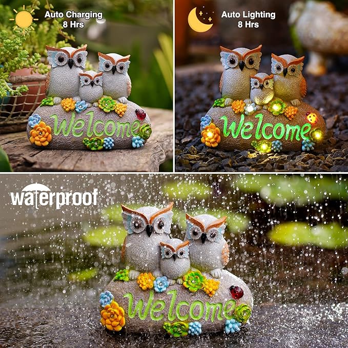 Nacome Solar Owl Statues for Garden Decor: Welcome Sign Outside Lawn for Patio/Balcony/Yard Art/Lawn Ornament House Warming Gifts for Mom/Women-Ruum Studio Home