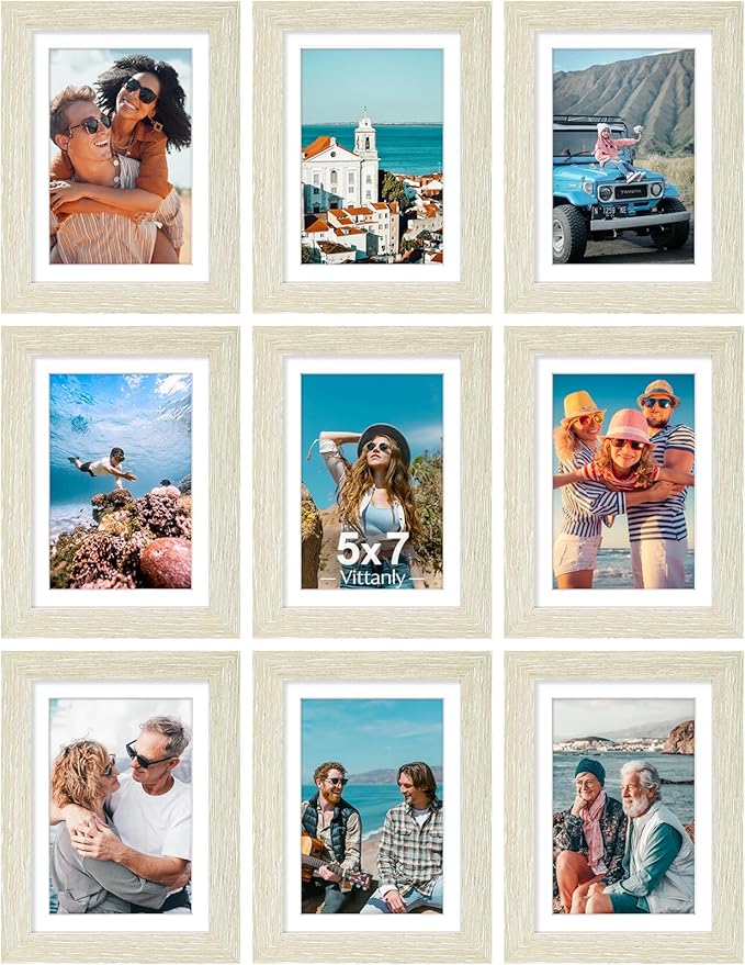 Vittanly 5x7 Picture Frames Set of 9, Shatter Resistant Plexiglass, Display 4x6 Pictures with Mat or 5x7 without Mat, Photo Frames for Wall or Tabletop, Engineered Wood, Cornsilk-Ruum Studio Home