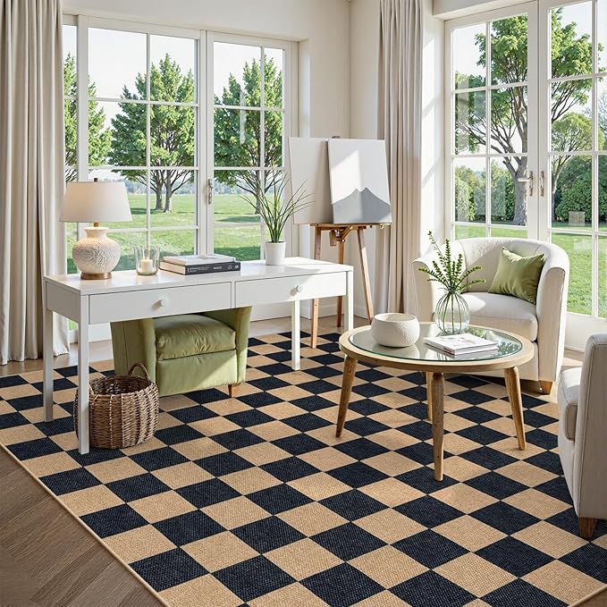 Lahome Checkered Easy Jute 8x10 Rug, Washable Rugs for Living Room Office, Farmhouse Neutral Non Slip Non Shedding Stain Resistance Indoor Outdoor Carpet for Balcony Patio Classroom-Ruum Studio Home
