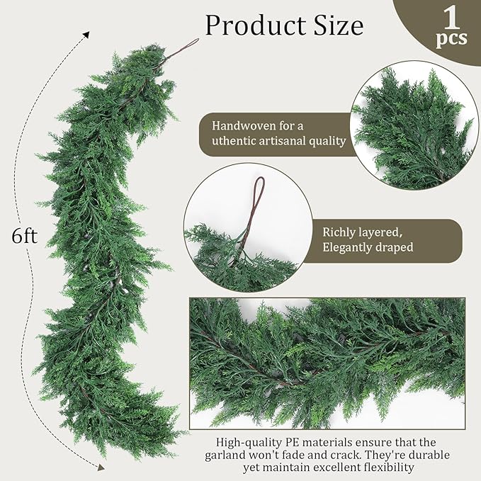 Hananona 6 FT Artificial Cedar Garlands, Real Touch Winter Cedar Cypress Garland, Green Artificial Greenery Pine Garland for Table, Mantle, Wall, Indoor, Outdoor Christmas Decorations (1, 6 FT)-Ruum Studio Home