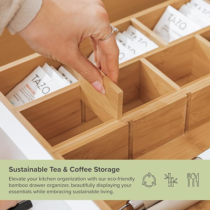 Premium Tea Bags and Coffee Pods Drawer Organizer – Small 9-Compartment Design with Removable Wall Inserts, Non-Slip Feet, 100% Sustainable Bamboo-Ruum Studio Home