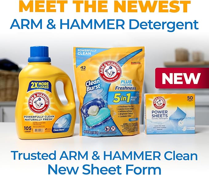 Arm & Hammer Power Sheets Laundry Detergent, Fresh Linen 50ct, up to 100 Small Loads (Packaging may vary)-Ruum Studio Home