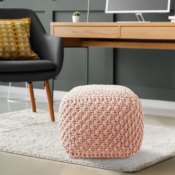 Casafield Square Pouf Ottoman, Light Pink 18.5" W x 18.5" D x 14.5" H Cotton Knit Foot Stool - Boho Floor Pouffe for Living Room, Bedroom, Home Office-Ruum Studio Home
