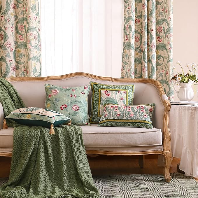 patdrea Designer Pack of 4 Throw Pillow Covers,French Vintage Rustic Linen with Green Floral Pattern Pillows Cover,Decorative Lumbar Square Pillowcases Cushion for Bed Living Room Outdoor Car-Ruum Studio Home