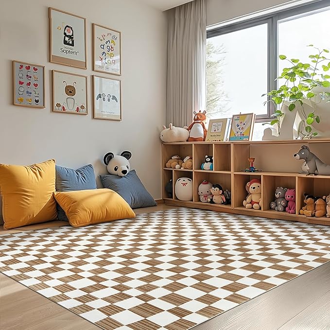 jinchan 5x7 Brown Checkered Area Rugs for Kids Room - Machine Washable Rug Modern Neutral Geometric Lattice Soft Non-Slip Carpet for Nursery Playroom Classroom Living Room Bedroom Home Office-Ruum Studio Home