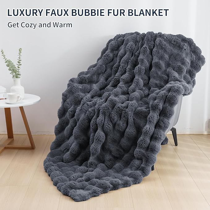Cozy Faux Fur Throw Blanket for Bed-Warm Fuzzy Throw Blanket, Soft Plush Thick Bubble Blankets for Bedroom and Living Room, Furry Luxury Blanket, 90 x 108, Grey-Ruum Studio Home