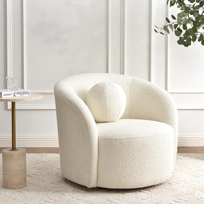 KINWELL Sherpa Swivel Barrel Chair & Round Ball Pillow Set - 34" Wide Modern Boucle Accent Chair with 9” Matching Nordic Decorative Throw Pillow for Living Room and Bedroom(Cream)-Ruum Studio Home