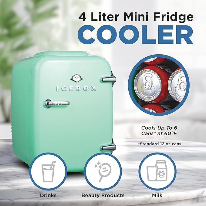 IBMF4MNT Fridge for Bedroom, Skincare, Portable Cooler & Warmer for Makeup, for Office & Home Refrigerator, Mini (4 L / 6-Can), Mint Green-Ruum Studio Home