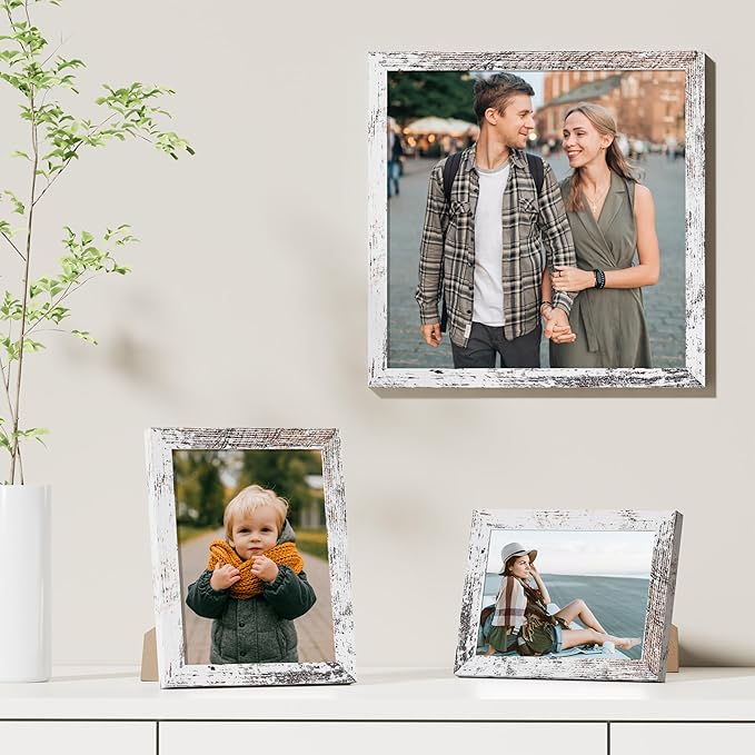 Vittanly 12x12 Picture Frames Set of 9, Shatter Resistant Plexiglass, Display 8x8 Pictures with Mat or 12x12 without Mat, Photo Frames for Wall Mount, Engineered Wood, Distressed White-Ruum Studio Home