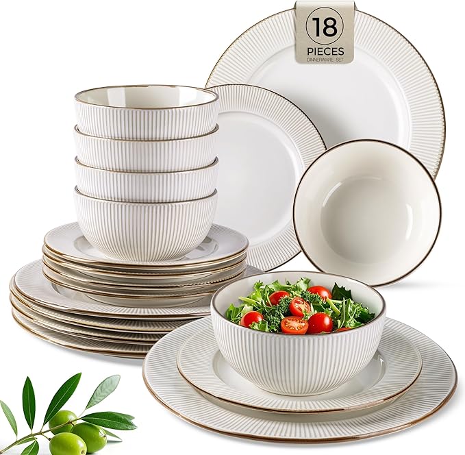 GBHOME Ceramic Dinnerware Sets,18 pcs Embossed Elegant Stoneware Plates and Bowls Sets, Housewarming Wedding Gift | Dishwasher & Microwave Safe | Dishes Set Service for 6-Ruum Studio Home