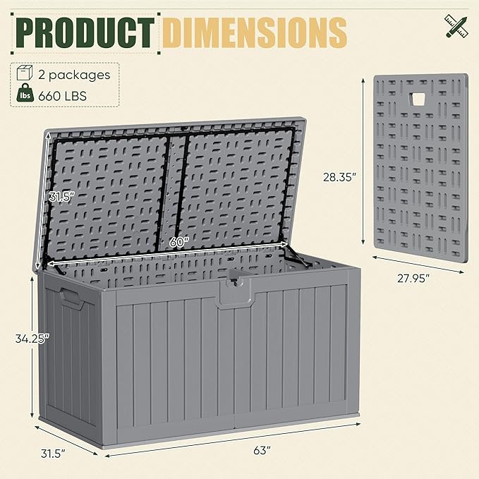 JUMMICO 250 Gallon Outdoor Resin Deck Box with Divider, Waterproof Storage Box with Lockable Lid&Side Handles for Garden Tools, Pools Supplies (Gray)-Ruum Studio Home