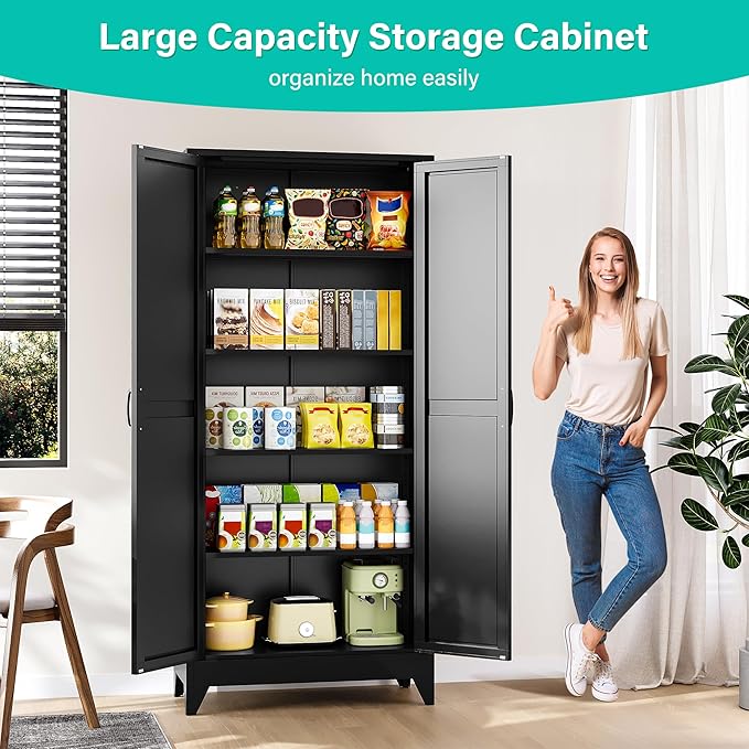 75" Tall Pantry Cabinet,Farmhouse Kitchen Pantry Storage Cabinets with 2 Doors and 5 Shelves,Black Metal Storage Cabinet,Large Cupboard for Home,Kitchen,Dining/Living Room-Ruum Studio Home