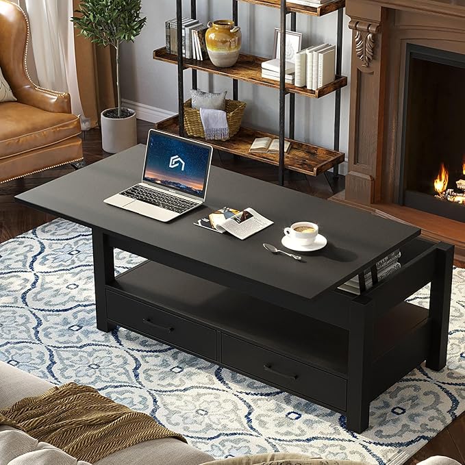 Rolanstar Coffee Table, 47.2" Lift Top Coffee Table with Drawers and Hidden Compartment, Retro Central Table with Wooden Lift Tabletop, for Living Room,Black-Ruum Studio Home