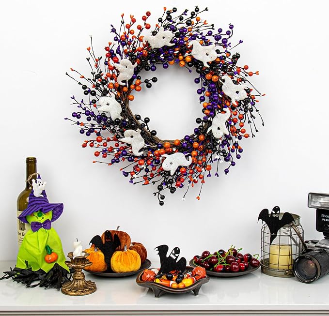 20-Inch Halloween Wreath - Handmade Orange & Black Berry Wreath with Adorable Mini Ghosts, Spooky Front Door Decor for Halloween Party-Ruum Studio Home