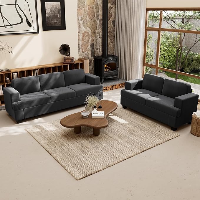 63” Corduroy Loveseat Sofa Couch for Living Room, Small Couch with Deep Seat for Bedroom, Comfy Could Loveseat for Small Living Room, Black Corduroy-Ruum Studio Home