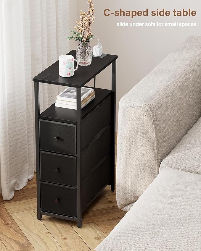 TUTOTAK Narrow Night Stand with Charging Station, Slim End Table with Plugins, Tall Side Table with 3 Fabric Drawer, Small Bedside Table with Storage, Living Room, Bedroom, Black TB01BK086-Ruum Studio Home