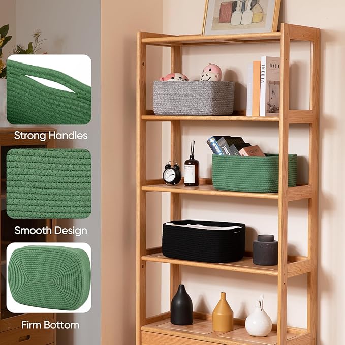 OIAHOMY 4 Pack 14.17*11.02*6.3IN Storage Baskets for Organizing Shelves, Woven Rope Baskets for Organizing Books, Clothes, Decorative Basket for Living Room, Nursery, Bedroom, Gift Basket, Green-Ruum Studio Home