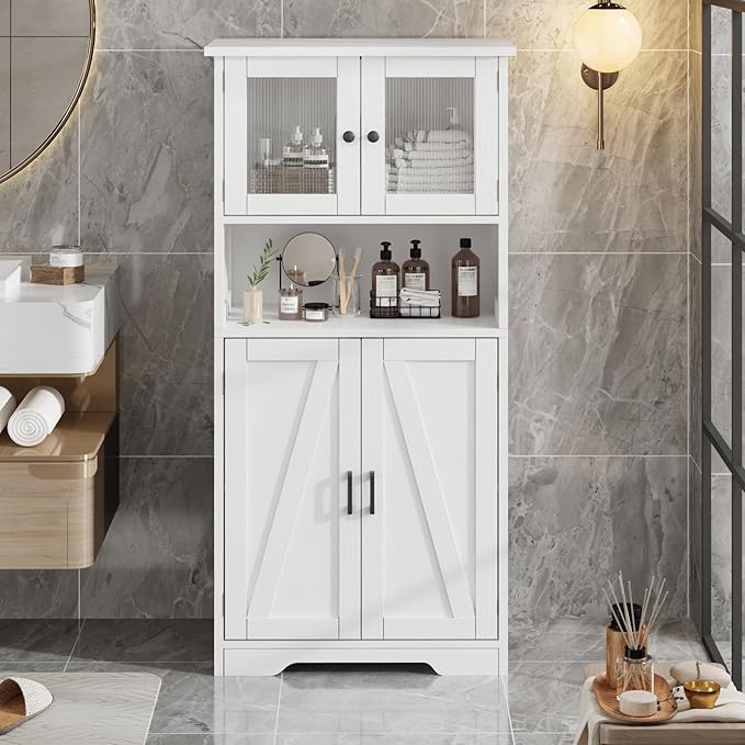 GarveeHome 54in Tall Bathroom Cabinet, Farmhouse Storage Cabinet with Glass Doors and Adjustable Shelves, Freestanding Kitchen Pantry Cabinets, Cupboard for Living Room, Dining Room, White-Ruum Studio Home