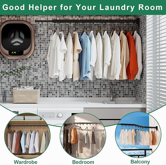 Wall Mount Clothes Drying Rack, Wall Mounted Drying Rack, Upgraded 3-Fold & Sturdy Laundry Drying Rack with 12 Dual-Side Hooks Space Saver for Laundry Room, Apartment, Dorms - Black-Ruum Studio Home