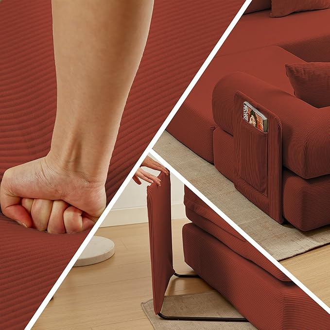 107" Oversized Convertible Sleeper Sofa Bed, Corduroy L Shape Sectional Couch, Folding Sofa Bed with Side Pocket, Modern Cloud Floor Mattress Couch, Modular Sofa for Living Room, Red-Ruum Studio Home