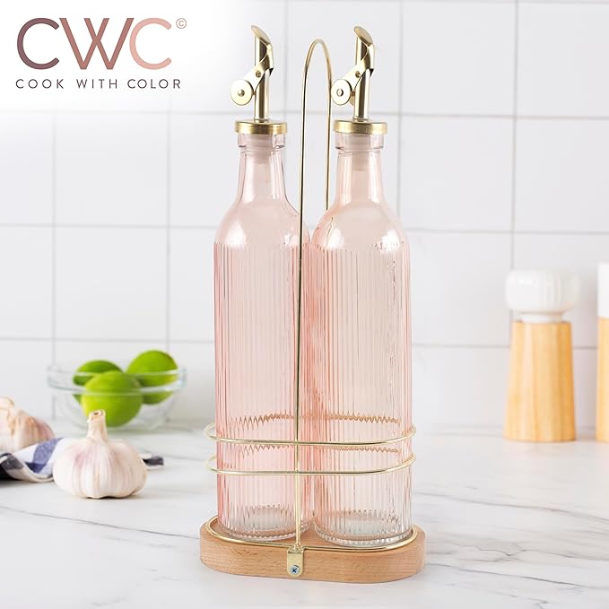 COOK WITH COLOR Glass Olive Oil Dispenser Bottle - 2 Pack, 17 oz Cruet - Elegant Carafe Decanter with Spout for Kitchen, Suitable for Vinegar, Coffee Syrups & Other Liquids-Ruum Studio Home