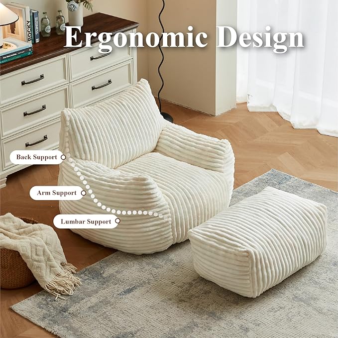 Premium Beige Bean Bag Chair for Adults with Armrest- Ultra Plush Memory Foam Lounge Sofa & Comfy Reading Nook Chair for Bedroom, Living Room & Dorm (White, with Footrest)-Ruum Studio Home