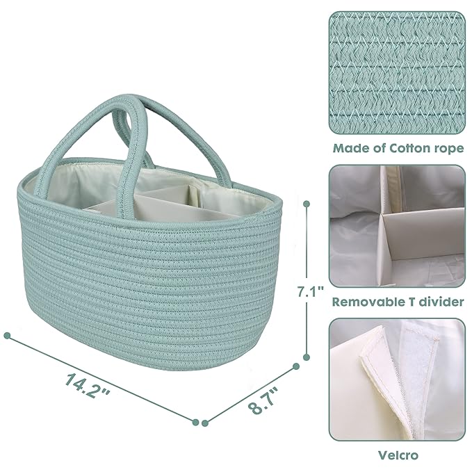 Diaper Caddy Organizer for Baby Cotton Rope Nursery Storage Bin Basket Portable Holder Tote Bag for Changing Table Car Travel Baby Shower Gifts Newborn Essentials Registry Must Haves Light Green-Ruum Studio Home