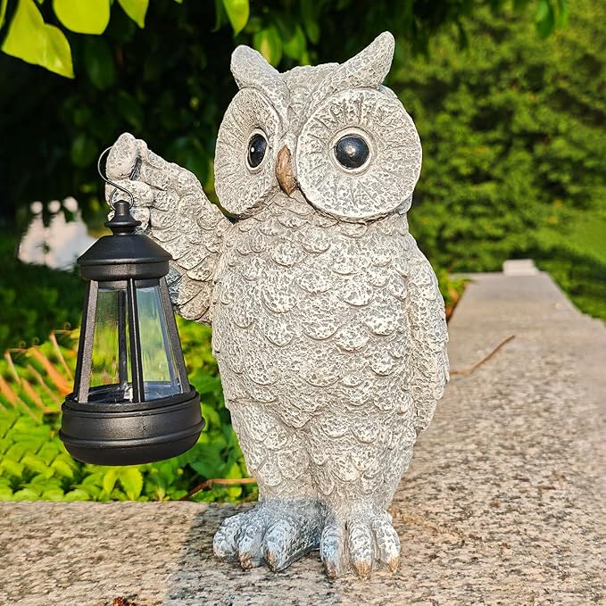 Garden Statues, owl Outdoor Figurines Decorated with Solar Lights, Unique Christmas Birthday Gifts for Moms, Grandmas, Women, Wives, Sisters (Grey Owl1)-Ruum Studio Home