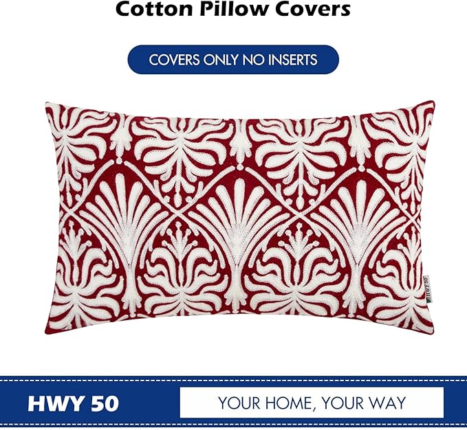 HWY 50 Burgundy Red Decorative Lumbar Pillow Cover Rectangle 12x20 Inch (1 Piece), Embroidered Cotton Farmhouse Cushion Cover Pillow Case for Sofa Couch Living Room Bed, Minimalist Floral-Ruum Studio Home