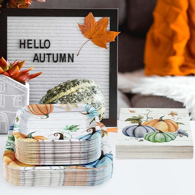 Grencian 200Pcs Fall Plates and Napkins Square Blue Pumpkins Plate Thanksgiving Paper Plates Pumpkin Wood Grain Dinnerware for Baby Shower Fall Harvest Family Thanksgiving Party Decorations, Serves 50-Ruum Studio Home