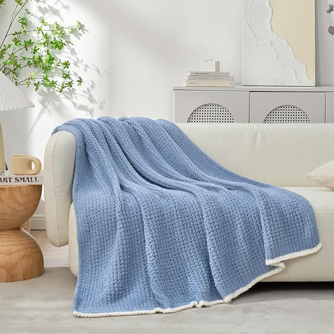Snuggle Sac Ultra Soft Waffle Throw Blanket for Couch Bed Sofa 50x60 inches, Reversible Blue Blanket Microfiber Fluffy Fuzzy Cozy Knit Throws for Women Mothers Birthday Gifts-Ruum Studio Home