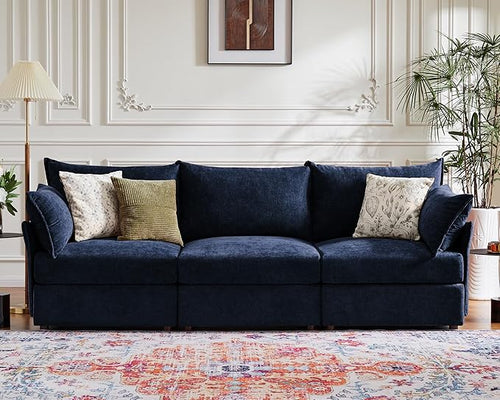 102.6" Modular Sectional Sofa, Oversized 3-Seater Blue Couch with Removable Chenille Fabric Cover, Deep Seat & High Backrest for Living Room, Office & Apartment-Ruum Studio Home