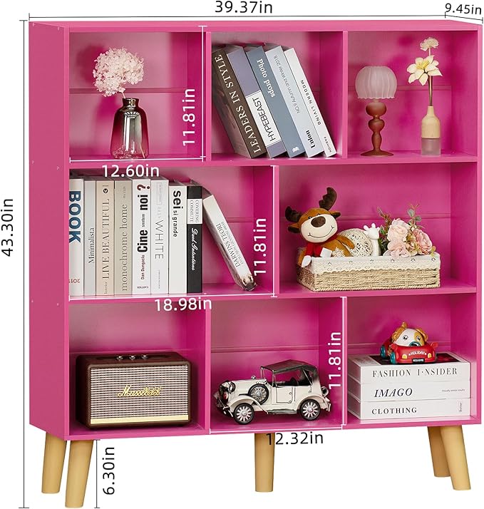 LEYAOYAO Bookshelf,3 Tier Book Shelf with Legs,Pink Modern Bookshelf,Large Freestanding Open Modern Bookshelves,Display Bookcases Decor Furniture for Nursery-Ruum Studio Home