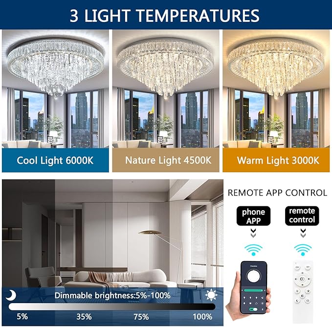 Modern Chandeliers for Living Room Crystal Ceiling Light Fixture LED Dimmable Lamp with Remote Pendant Lighting Flush Mount Ceiling Lighting for Dining Room Bedrooms-Ruum Studio Home
