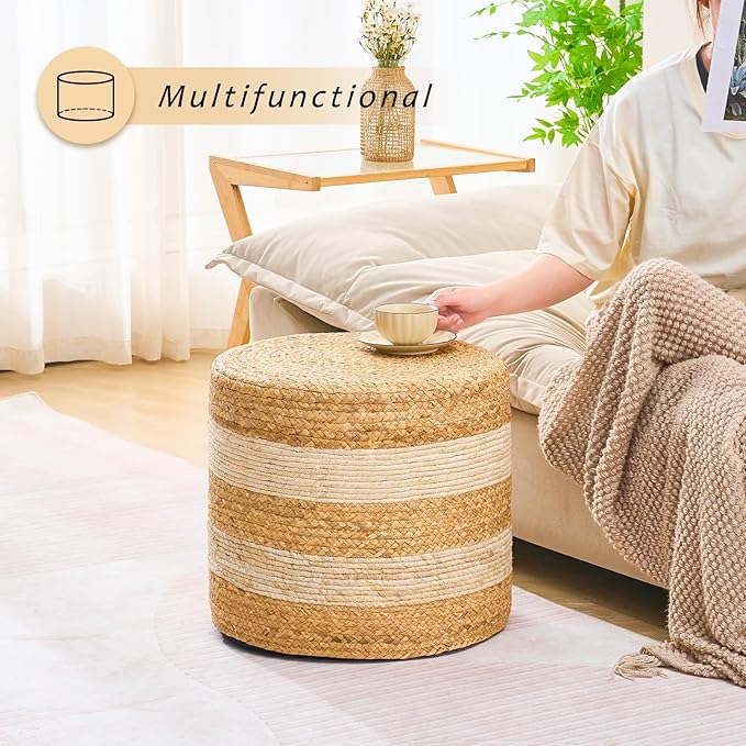 Handwoven Ottoman Pouf, Natural Water Hyacinth Footstool, Round Braided Outdoor Seat with Sturdy Frame, Boho Accent Stool for Patio, Balcony, or Garden (White)-Ruum Studio Home