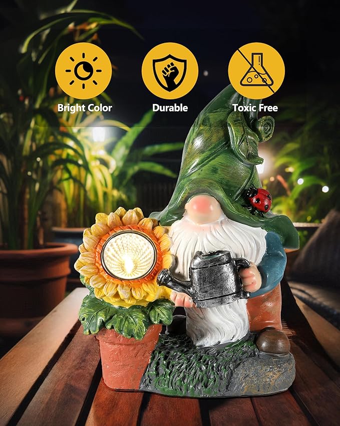 Solar-Powered Large Garden Gnome Watering Can Sunflower - 12 in Garden Decor Gnomes Decorations for Yard Lawn Ornaments Outside Statue Figurine LED Lights (Gnome)-Ruum Studio Home