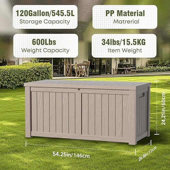 120 Gallon Outdoor Deck Box,Storage Lockable Waterproof Patio Furniture,Garden Tools,Cushions,Pool Accessories Outside Storage Resin Box(Grey)-Ruum Studio Home