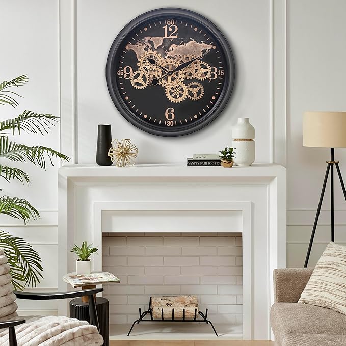 CLXEAST 24 Inch Moving Gear Wall Clock with World Map Pattern,Large Black Gold Metal Wall Clock for Modern Farmhouse Living Room Decor,Reloj De Pared para Sala-Ruum Studio Home