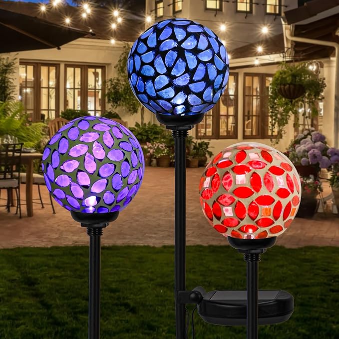 VCUTEKA Solar Garden Decorative Lights Outdoor, Mosaic Solar Light Waterproof LED Pathway Stake Light for Landscape Patio Yard Deck Walkway Decoration, 3 Pack （Blue&Purple&Red）-Ruum Studio Home
