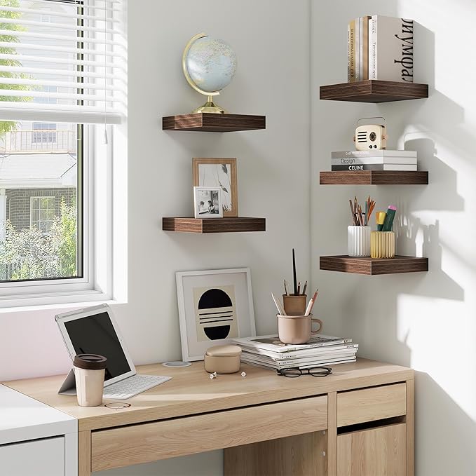 fuqing Floating Shelves for Wall, Bathroom Shelf Wall Mounted for Storage, Shelves with Invisible Bracket for Bedroom, Kitchen, Living Room, Farmhouse Small Book Shelf, 6.5 Inch Set of 3, Walnut-Ruum Studio Home