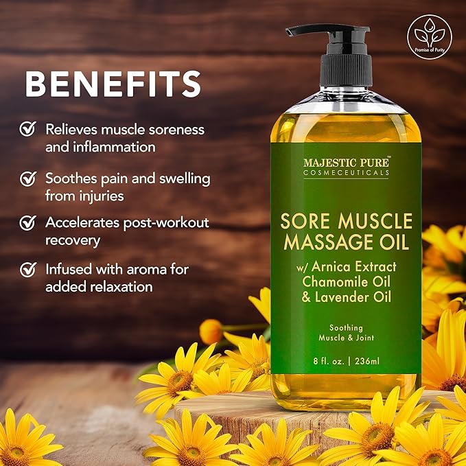 MAJESTIC PURE Arnica Sore Muscle Massage Oil for Massage Therapy - Refreshing, and Relaxing - Natural Oils with Lavender & Chamomile Essential Oils - for All Skin Types - Men and Women - 8 fl oz-Ruum Studio Home